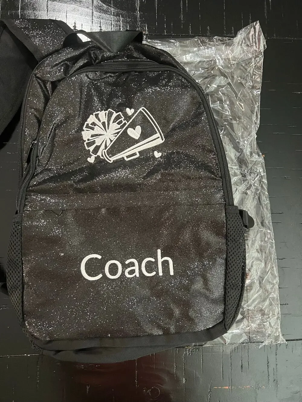 New Black Glitter Cheer Coach Backpack Megaphone Embroidered Pom Pom Keychain